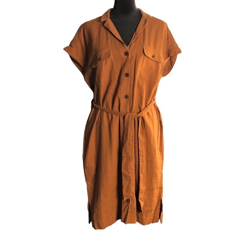 NWT Old Navy Womens Medium Brown Tan Linen Blend Cap Sleeve Button Front‎ Dress